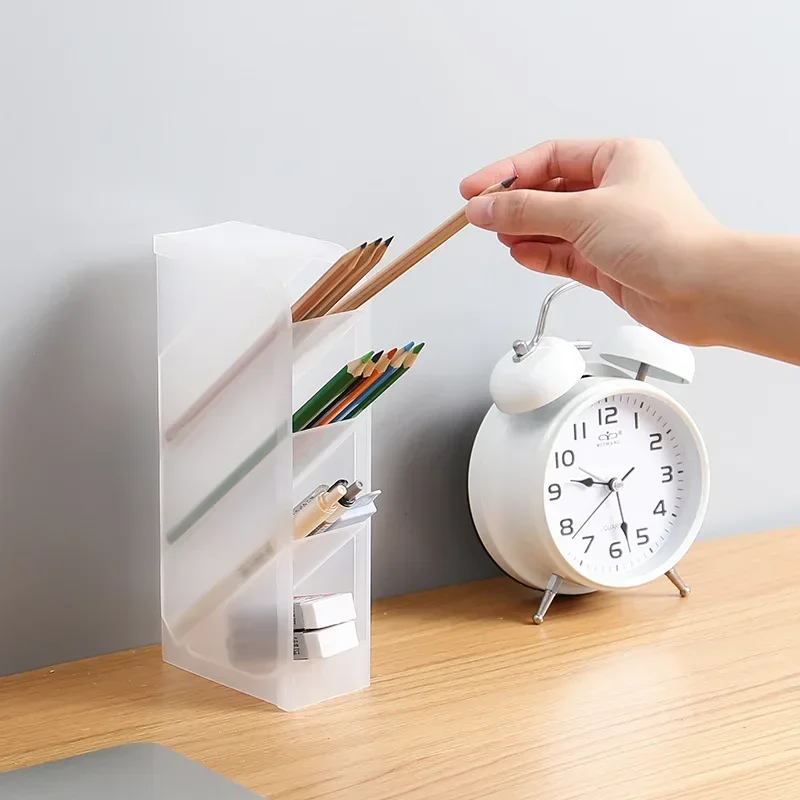 Desktop Frosted Pen Holder Oblique Insert Simple and Transparent Container Stationery Makeup Brush Lipstick Organizer