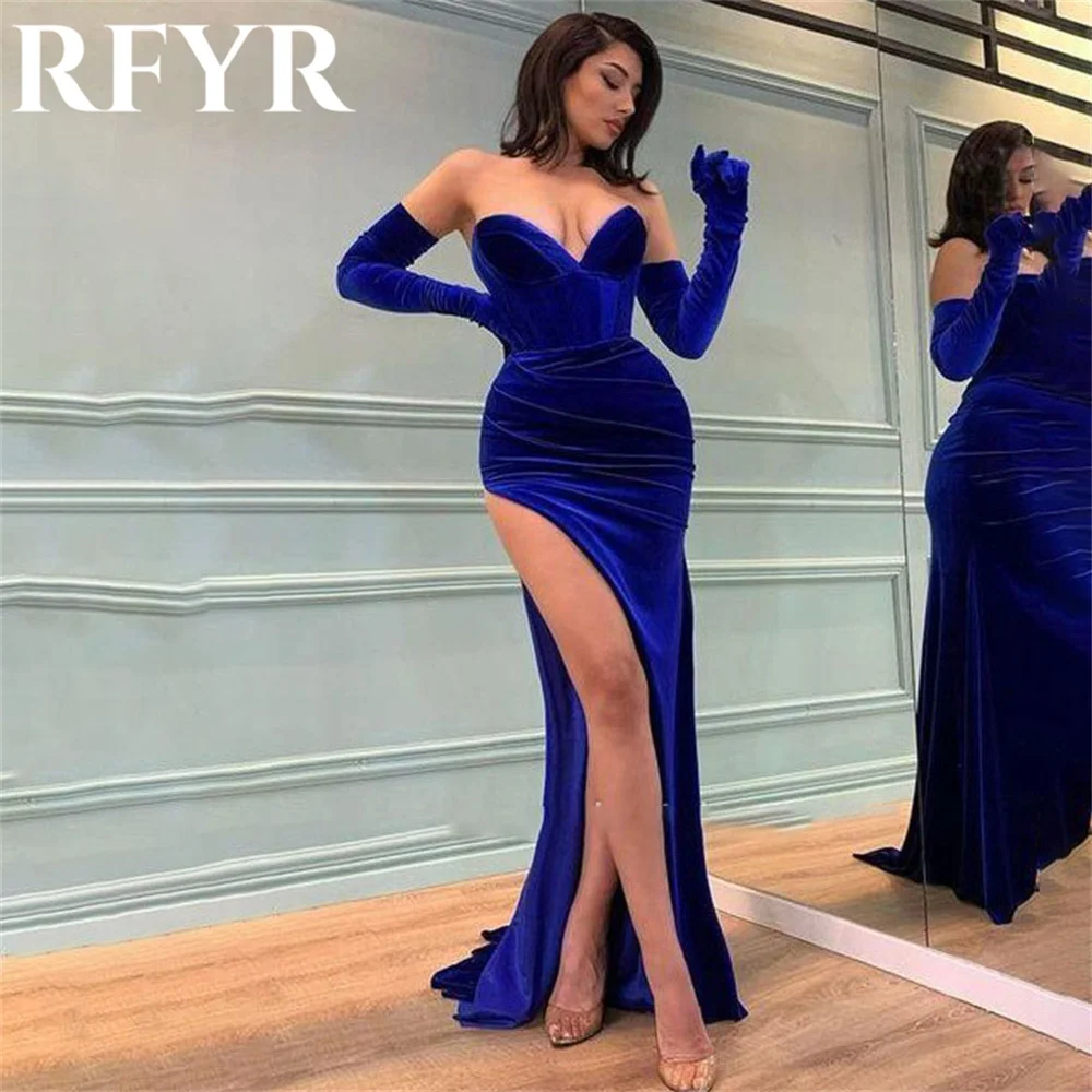 

RFYR Dubai Blue Elegant Evening Dress with Pleats Trumpet Arabic Israel Prom Dress Off the Shoulder Formal Party Gown Customized