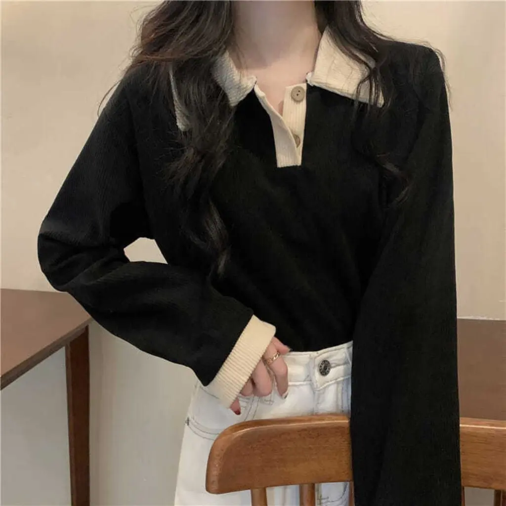 

Women's Slimming Long-Sleeved Lapel Polo Shirt Spring Autumn New All-match Loose T-Shirt Inner Jacket for Ladies