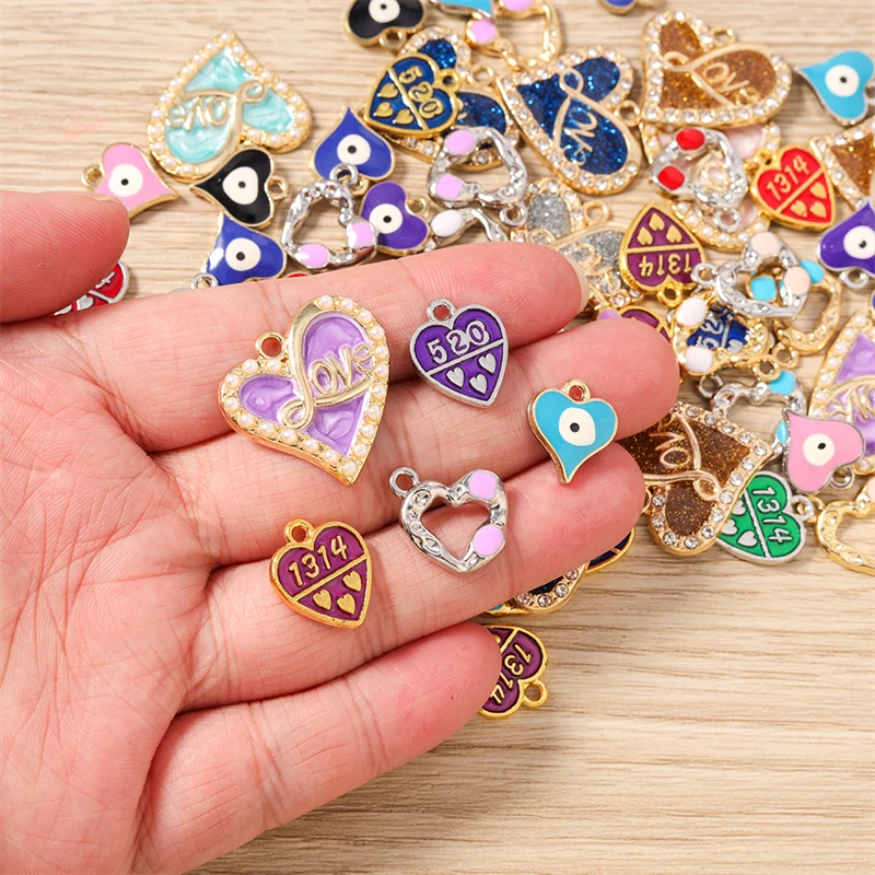 10 Stück niedliche bunte Emaille-Liebesherz-Anhänger, passend für Halsketten, Ohrringe, Armbänder, DIY handgefertigtes Schmuckherstellungszubehör – Detail 2