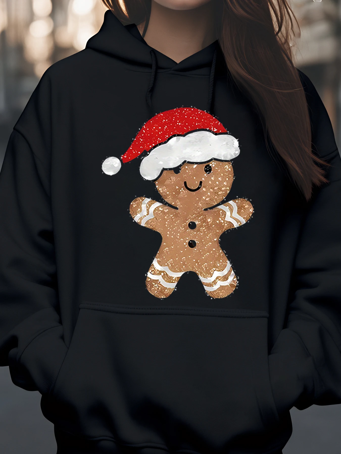 

Пряничный человечек, шляпа Санта-Клауса с принтом, рождественская толстовка с капюшоном, праздничная одежда, женский повседневный наряд