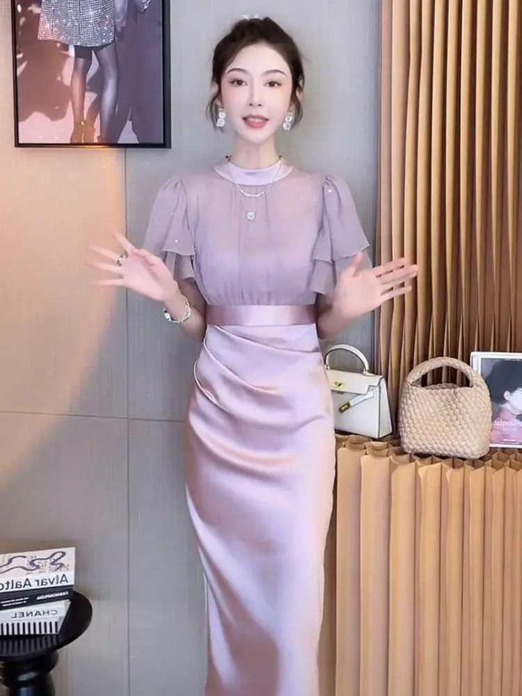 Two Piece Set of French Purple Dress for Women in Summer Korean Version High-end Temperament Waist Bag and Hip Skirt Set