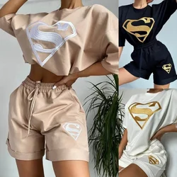 Summer Embroidery Pattern Women's Two Piece Suit Short Sleeve Round Neck Loose T-shirt Elastic Waist Casual Short Sets