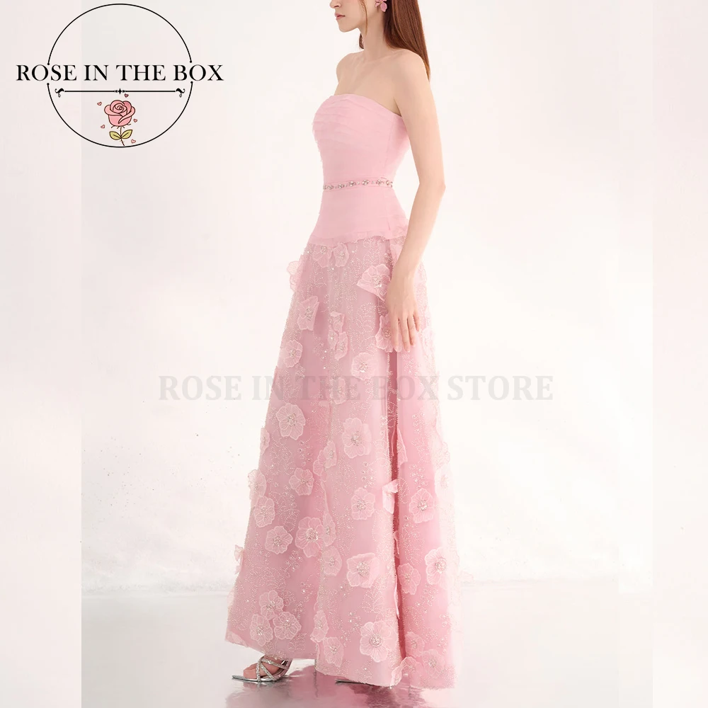 ROSEINTHEBOX Customized Pink Strapless A-line 3D Floral Evening Dresses Romantic Formal Dress Long Prom Dress for Christmas