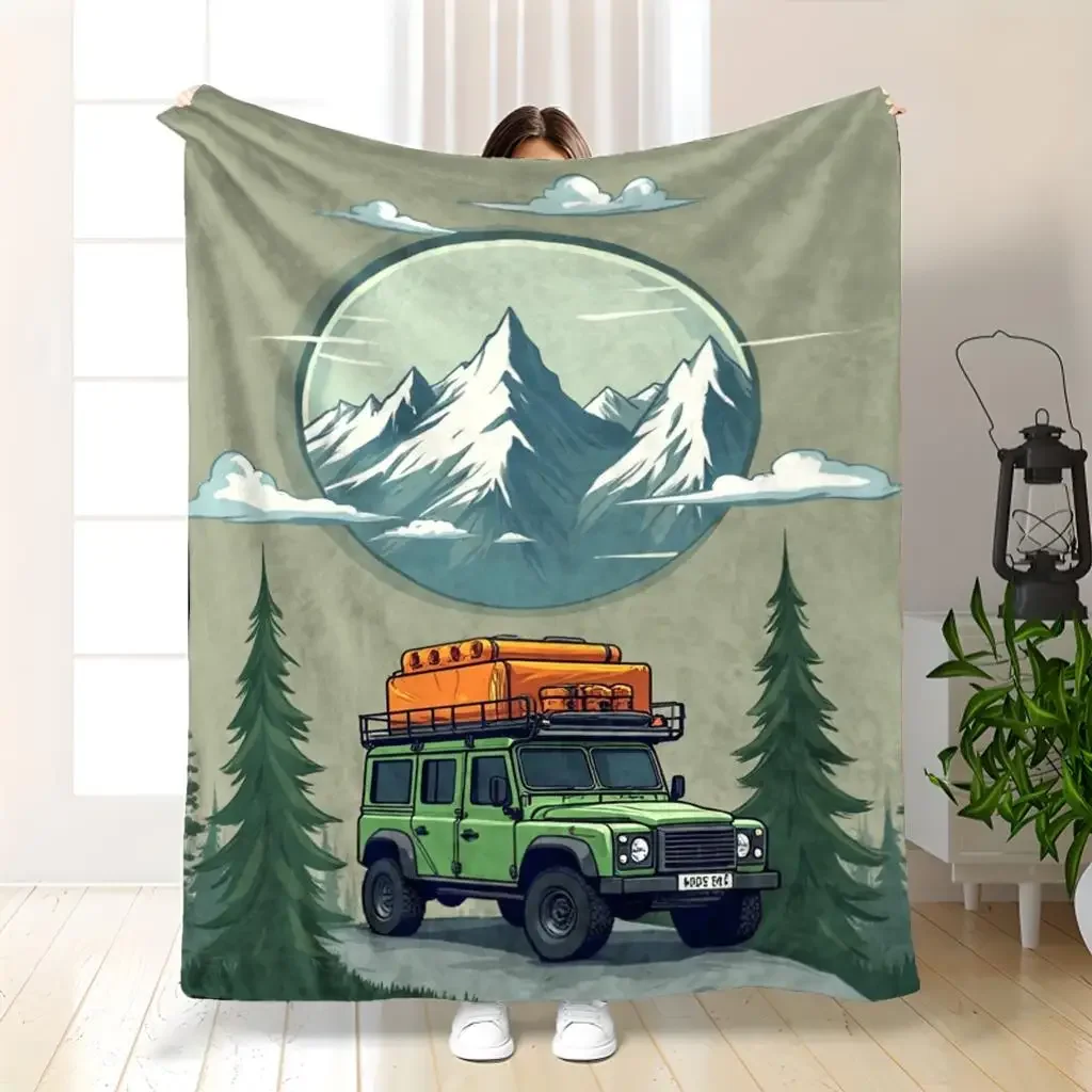 Aesthetic Travel Blanket 150x230cm Large Camping Decor Jeep Mountain Adventure Illustration Throw for Outdoor Lovers