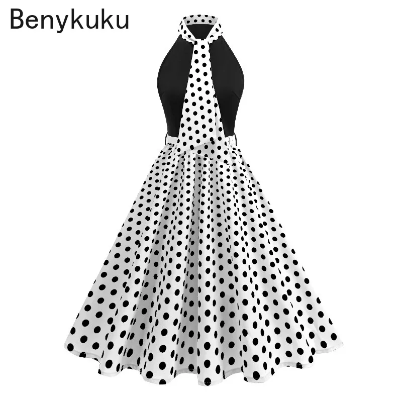 50s 60s خمر فستان ريترو للنساء 2025 الصيف مربوط الملابس أحمر أسود هيبورن الأزهار البولكا نقطة أكمام فساتين الحفلات