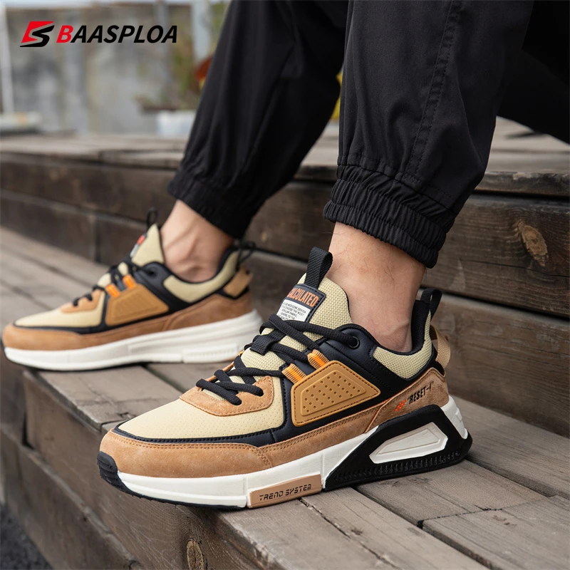 Baasploa Men Sport Shoes Comfort Leather Waterproof Casual Sneakers Lightweight Walking Shoes Non-Slip Male Non-Slip Lace-Up