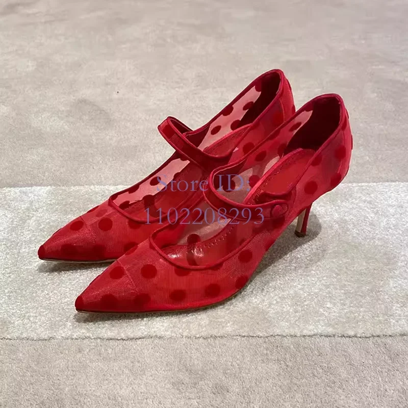 

Red Polka Dots Thin High Heels Pumps Pointed Toe Mesh Strap Stiletto Sandals Buckle Strappy 2024 Women Elegant Dress Shoes