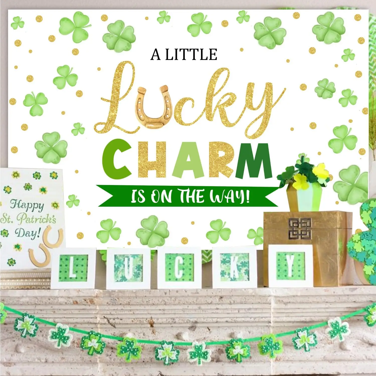 A Little Lucky Charm Baby Shower Backdrop, St. Patrick's Day Green Shamrock Photography Background Supplies Booth Props 5x3f