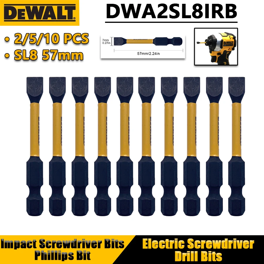 

DEWALT 2/510PCS 57mm SL8 Impact Screwdriver Bits Slotted Bits Electric Screwdriver Drill Bits Power Tool Accessories DWA2SL8IRB