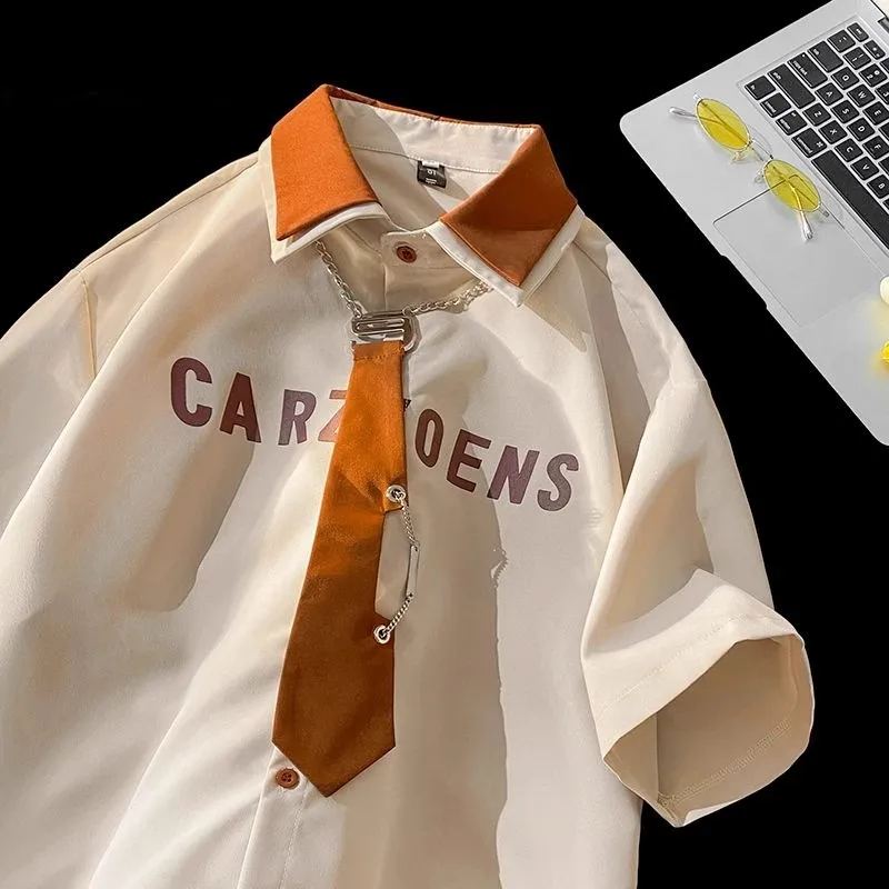 

plus Size 300 Pounds American College Style Shirt with Tie Short Sleeve Contrast Color Design Men's Summer Fashion Top