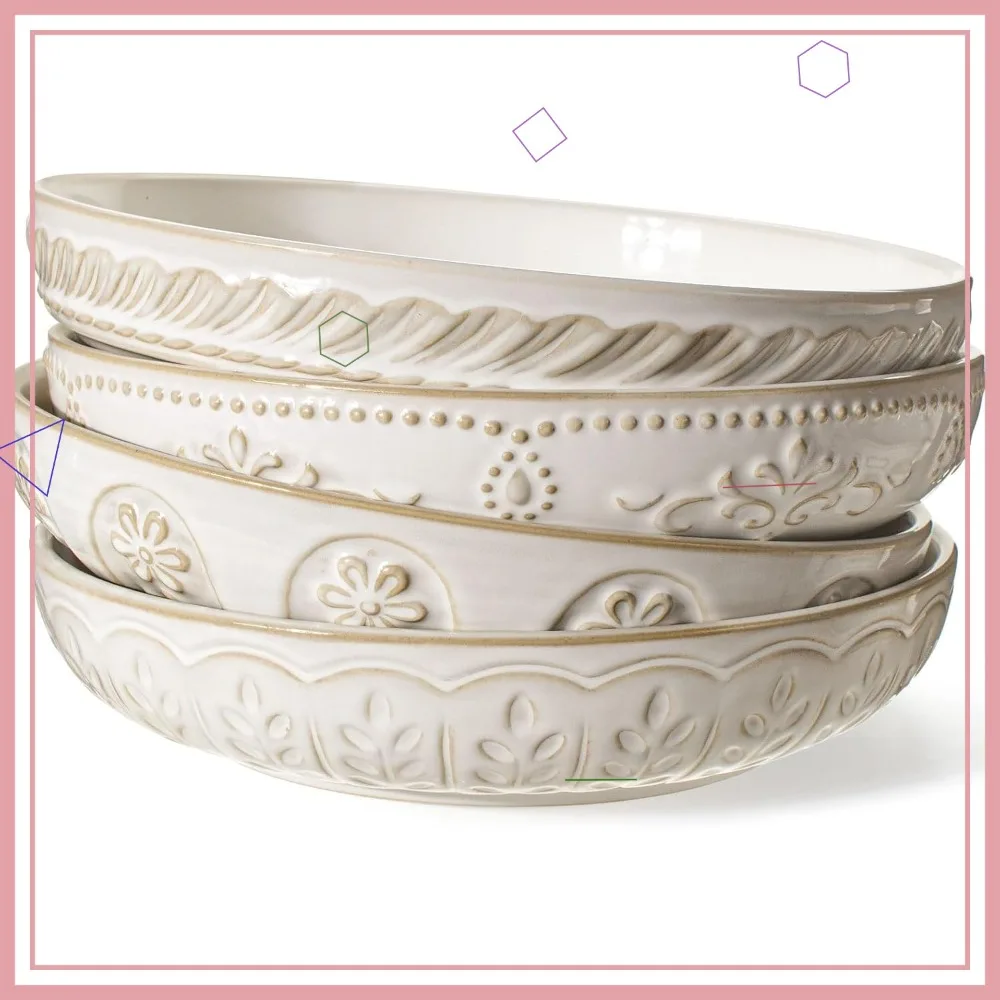 

Large 50oz Ceramic Pasta Bowls Set of 4, Microwave & Dishwasher Safe, Embossed Design for Kitchen