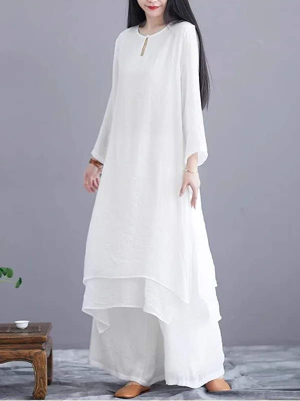 

Chinese Sle Sweet Fairy Aosphere Wide Leg Pants Two-Piece Set Zen Tea Costume Artistic Dr Ethnic Stage Costume