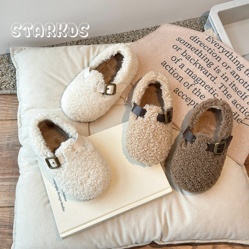 

Toddler Child Shearling Fleece Shoes Girl Warm Furry Loafers Baby Fashion Plush Flat Zapatos With Metal Buckle Belt