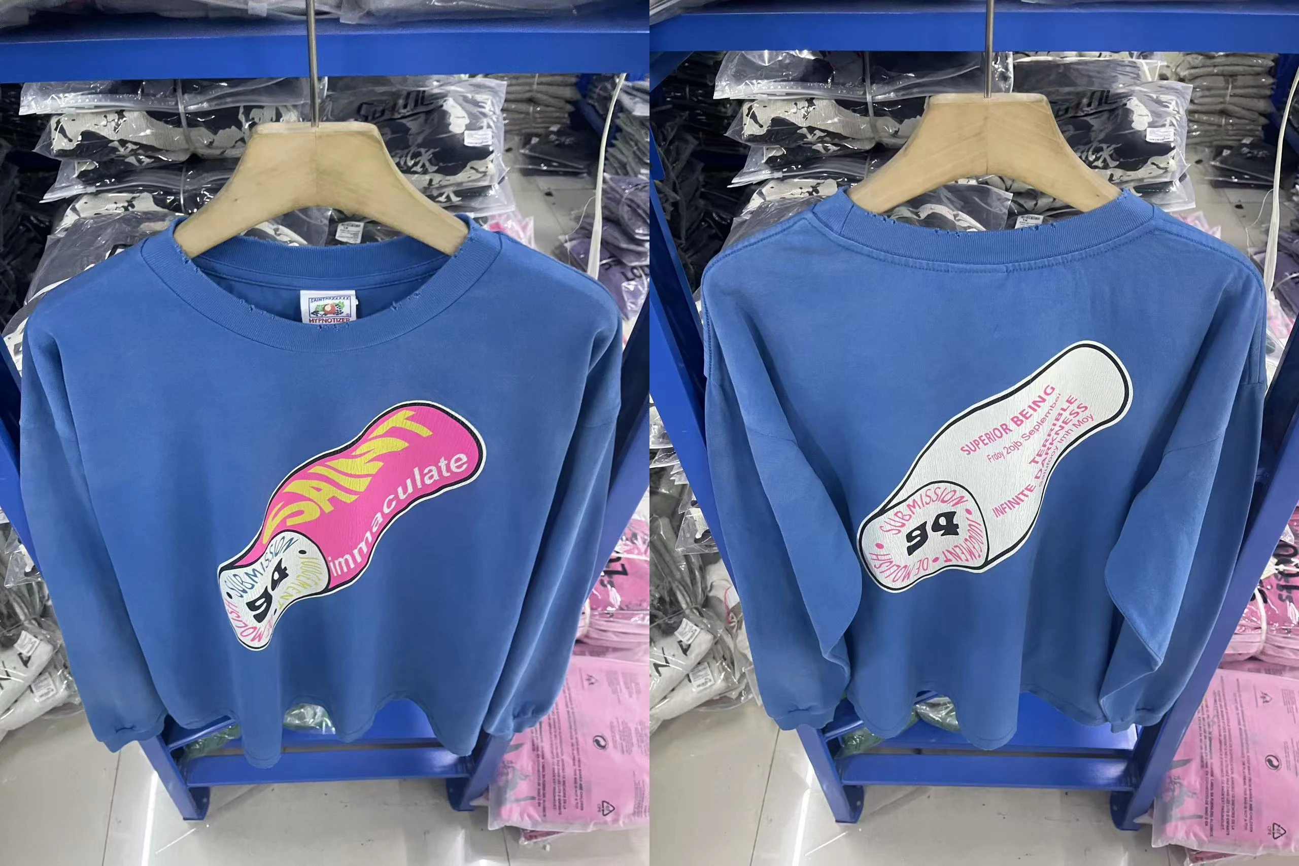 

Good Quality 25ss SAINT Blue Long Sleeve Print Fashion Men Women Cotton Japan Style Vintage American Style T-Shirt