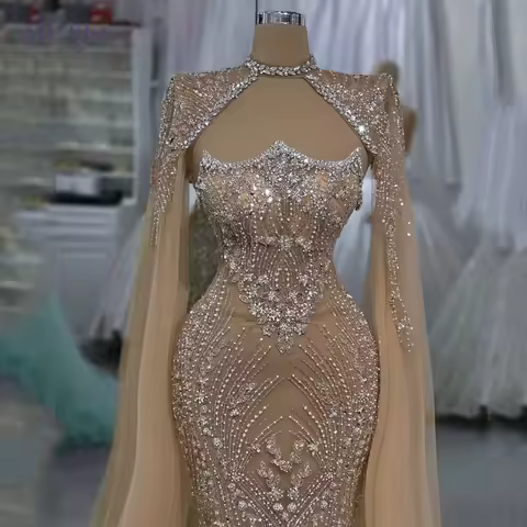 MisShow Customized Luxury Nude Evening Dresses Gowns - Crystal Embellished Mermaid Dress with Cape Sleeves for Gala/Wedding