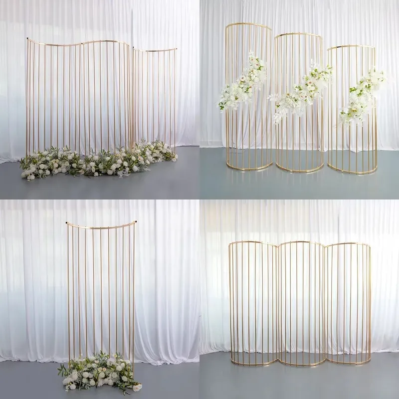 Simple Floral Detachable Metal Screen Flower Wall Large Gold Corrugated Arched Background for Wedding Party Decoration