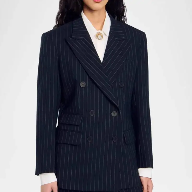 

Fashion Turn-Down Collar Office Lady Double Breasted Striped Coat