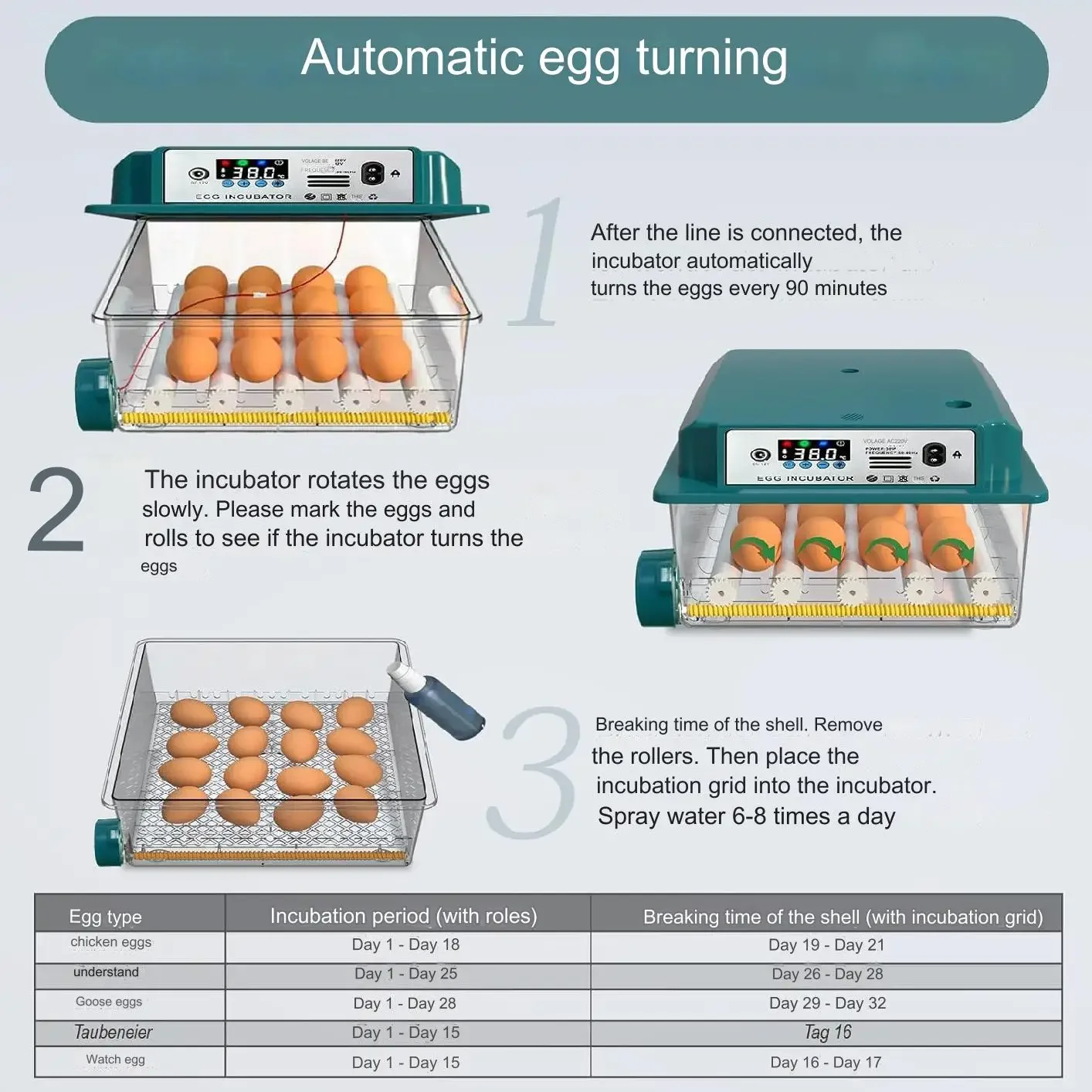 Incubadora Digital De 8 Huevos Con Giro Automático Y Control De Temperatura - Pollos, Patos O Codornices - Enchufe UE