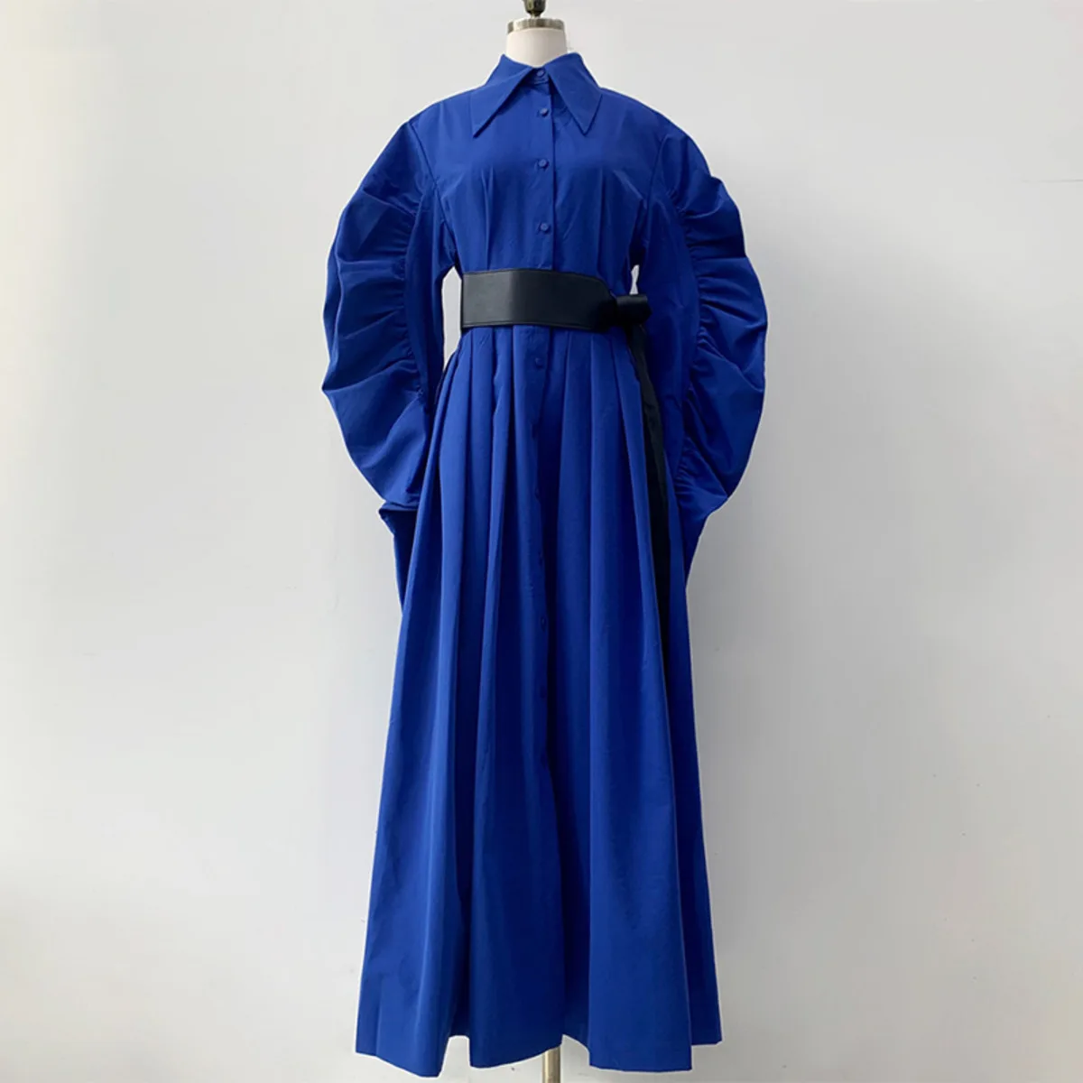 KWTX 2025 여성 빈티지 우아한 셔츠 드레스 긴 퍼프 소매 라펠 벨트 솔리드 컬러 시크 편안한 프리미엄 품질 가을