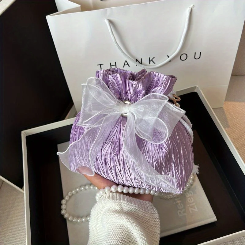 Plissierte Mini-Umhängetasche für Damen, Organza-Schleifentasche mit Perlenkettenriemen, elegante Abendhandtasche für Hochzeit, Party, Abschlussball – Detail 6