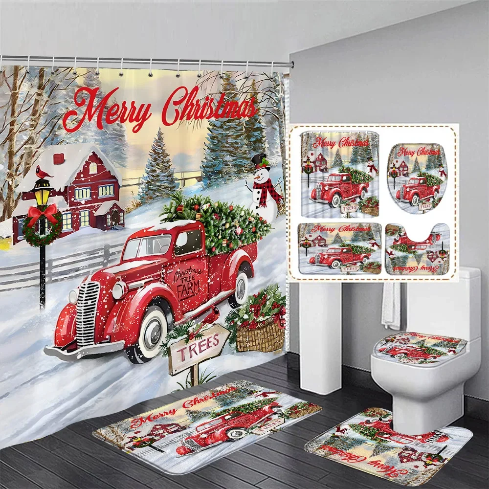 Funny Snowman Shower Curtain Set Xmas Ball Silver Pine Branches Gift Christmas Home Bathroom Decor Rug Bath Mat Toilet Lid Cover