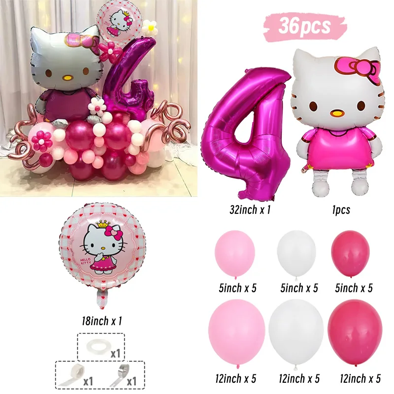 Zestaw 36 sztuk Hello Kitty numer balon z folii aluminiowej z lateksu helowego balonowa dziewczyna dekoracja urodzinowa przybory dla niemowląt