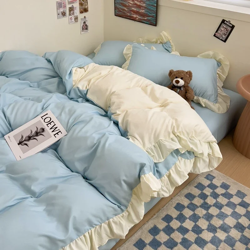 Ins Princess Bedding Set 2024 New Duvet Cover Fresh Blue Solid Color Floral Wrinkled Yann Bed Set Of Four Pieces Bed Sheets