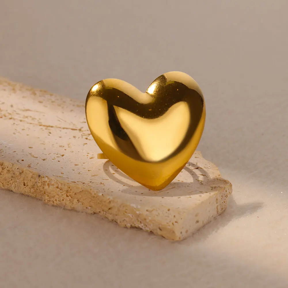 Cute Heart Chunky Stainless Steel Rings for Women Gold Color Open Adjustable Vintage Wedding Ring Aesthetic Jewelry Accessories