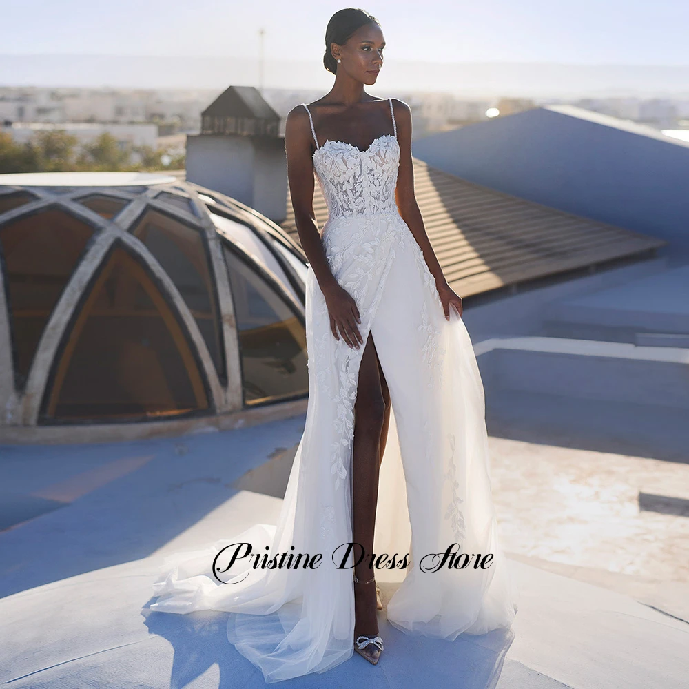 رشيقة الجانب الشق السباغيتي الأشرطة تول فستان الزفاف للنساء العرائس مخصص يزين بلا أكمام الحبيب زي العرائس #5