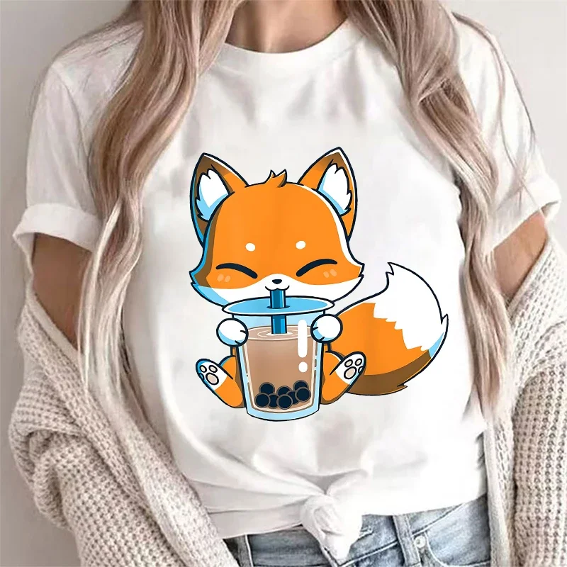 Boba Fox Drinking Print Blouse Women Clothing Fashion Kawaii Cartoon Fox Graphic T-shirts Anime Harajuku Tops Short Sleeve Tees