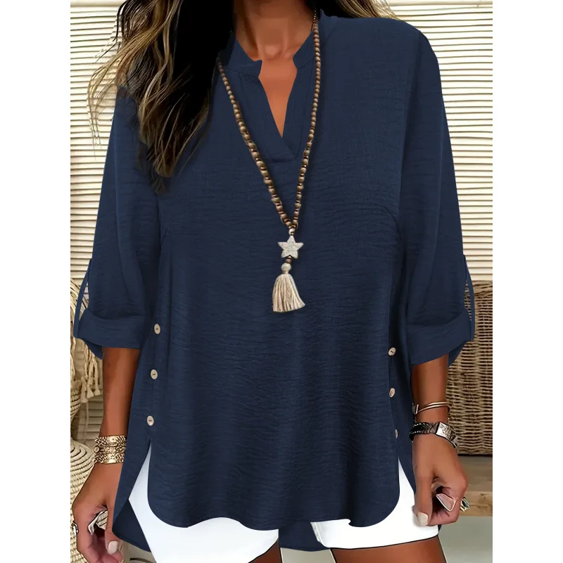 

plus Size Vneck Shirt Women's Fashion Spring Season Non-deformable Fabric Nine-point Sleeve Other Style Shirt