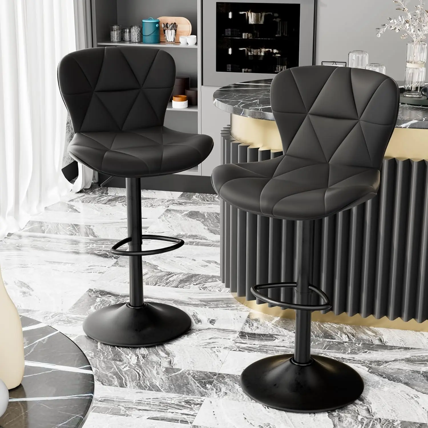 Set of 2, Height Bar Stools, Upholstered Faux Leather Bar Chairs with Metal Base, Modern Bar Stools for Kitchen Counter Dining R