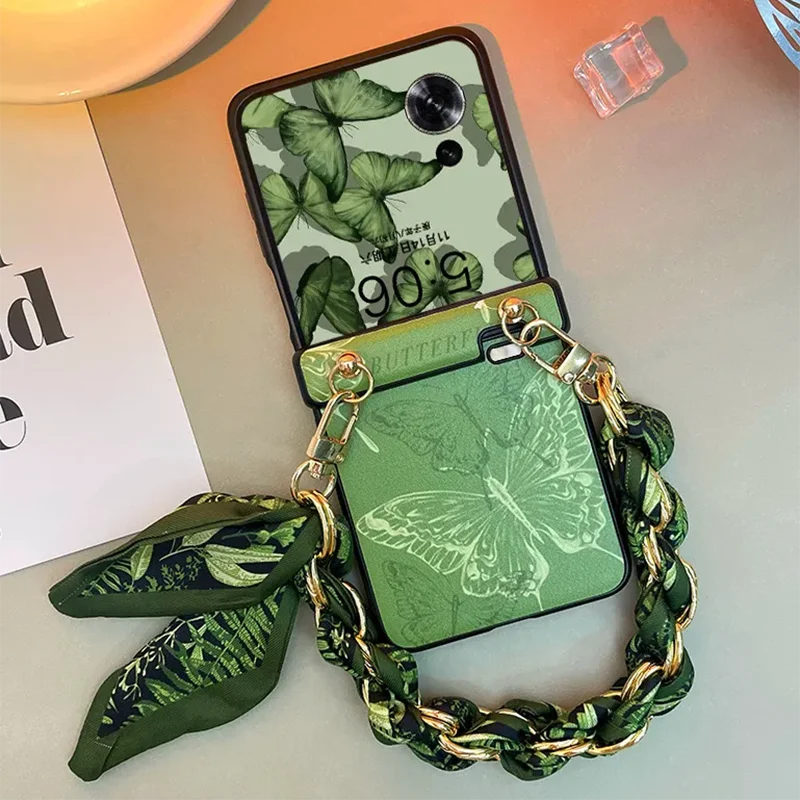Green Scarf Strap Butterfly Pattern Flip Phone Case For Honor Magic V Flip 2 /Xiaomi Mix Flip /Samsung Z Flip7 6 5 Cover Leather