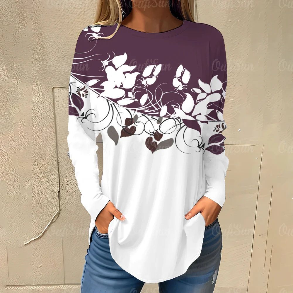 Fashion Floral Women\'s T-shirts Fall Trend Black And White Long Sleeves T shirt Casual Loose Women Clothing Streetwear Tops