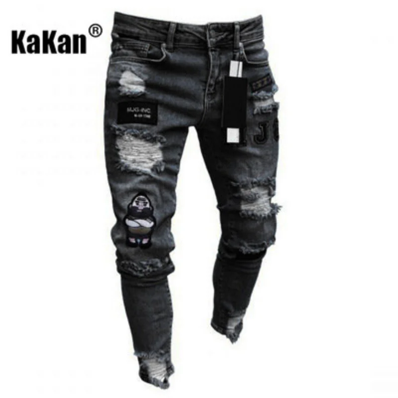 Kakan European and American High-quality New Long Jeans Men\'s Elastic Tight Jeans, Hole Badge Slim-fit Pants Jeans K14-881