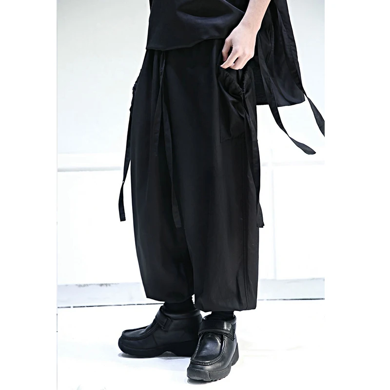 

Men's new solid color lace up tassels loose close foot trend wide leg pants corset Pants Large overalls fashion