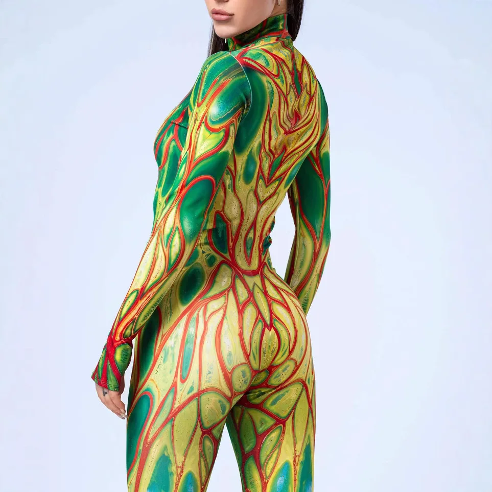 

Women Sexy Colourful Art Painted Cyber Jumpsuit Holiday Party Cosplay Costume Halloween Xmas Shows Bodysuit Performance Zentai