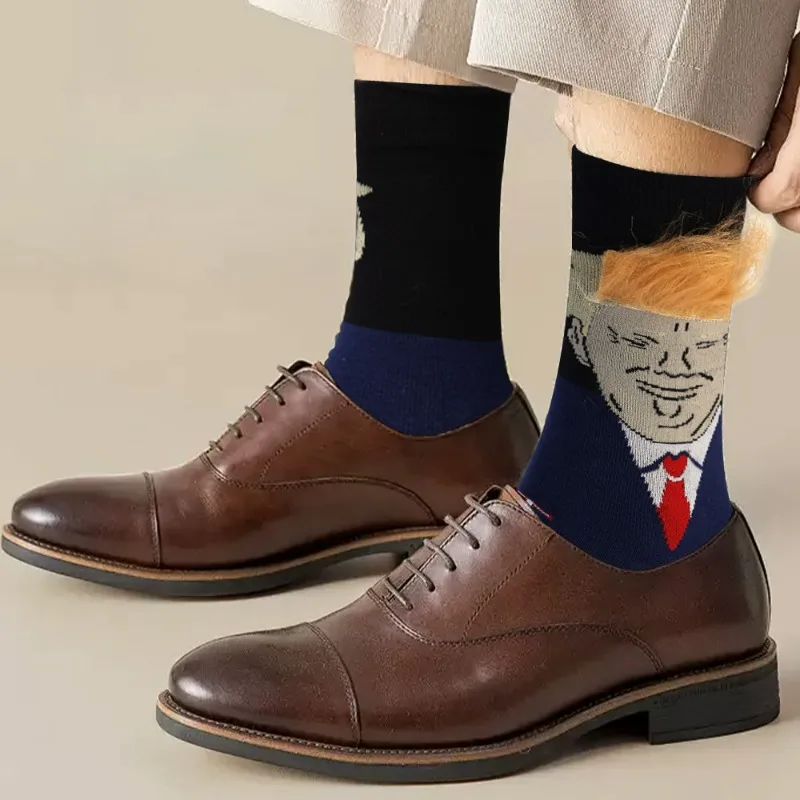 Spoof Funny President Donald Trump Socks with 3D Fake Hair Crew Sock for Mens Compression Socks Streetwear Hip Hop Socks