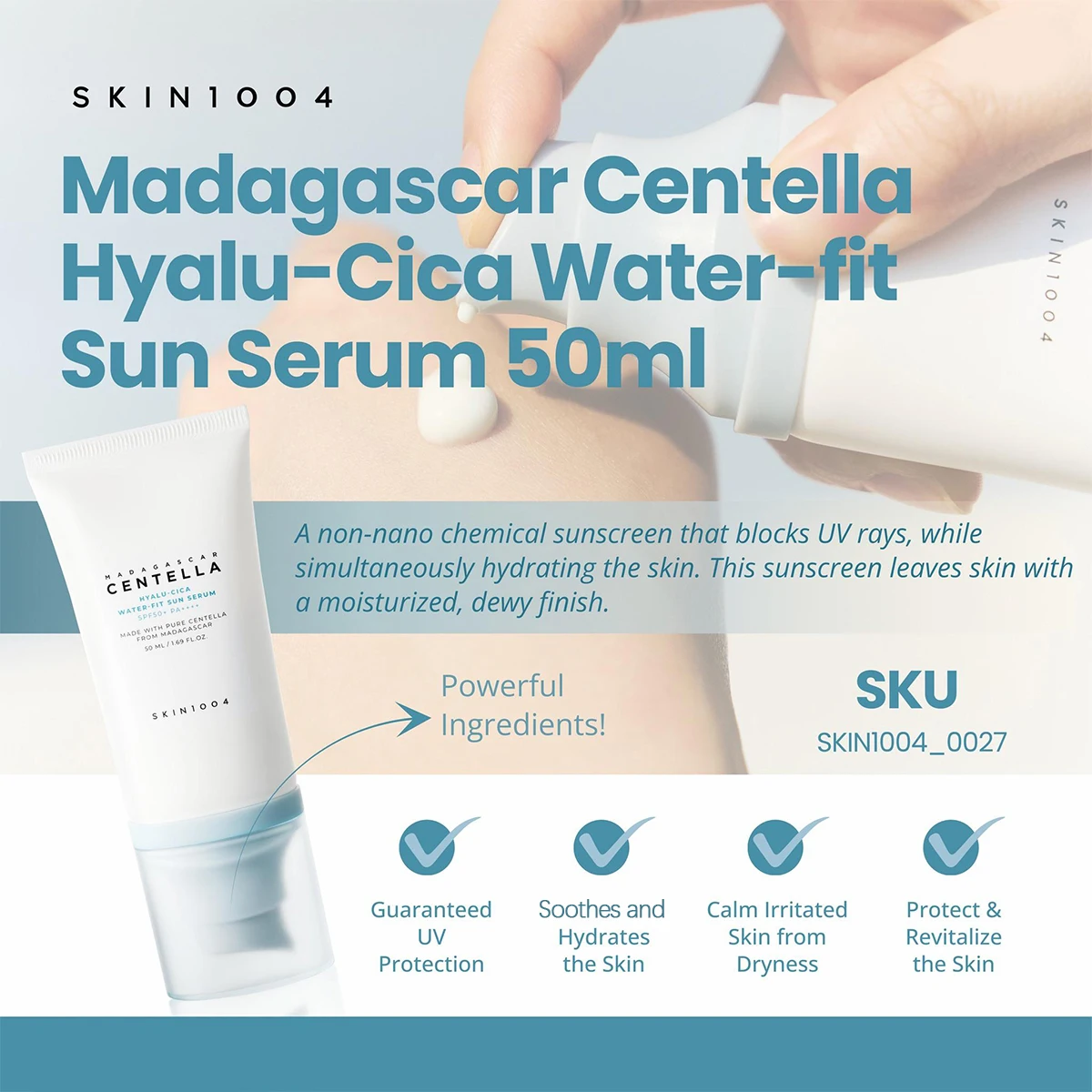 SKIN1004 Madagascar Centella Hyalu-Cica Water-Fit Sun Serum SPF50+ PA++++,Gentle,Outdoor High Protection,K-Beauty,Korean Makeup