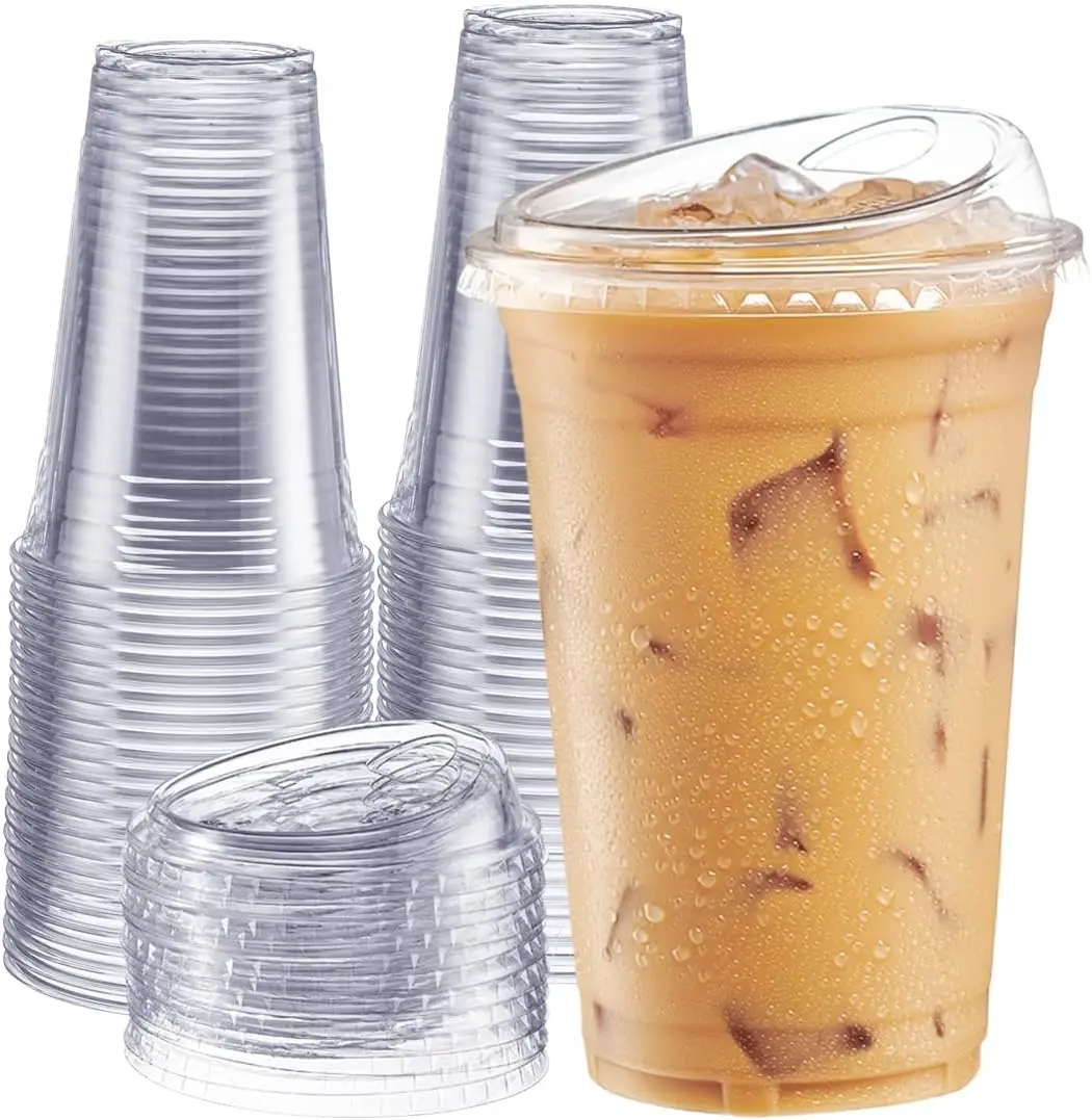 

Clear Plastic Cups with Lids [20 oz - 100 Count] - Disposable Iced Coffee Drink Cups with Strawless Sip Lids for Smoothies, J