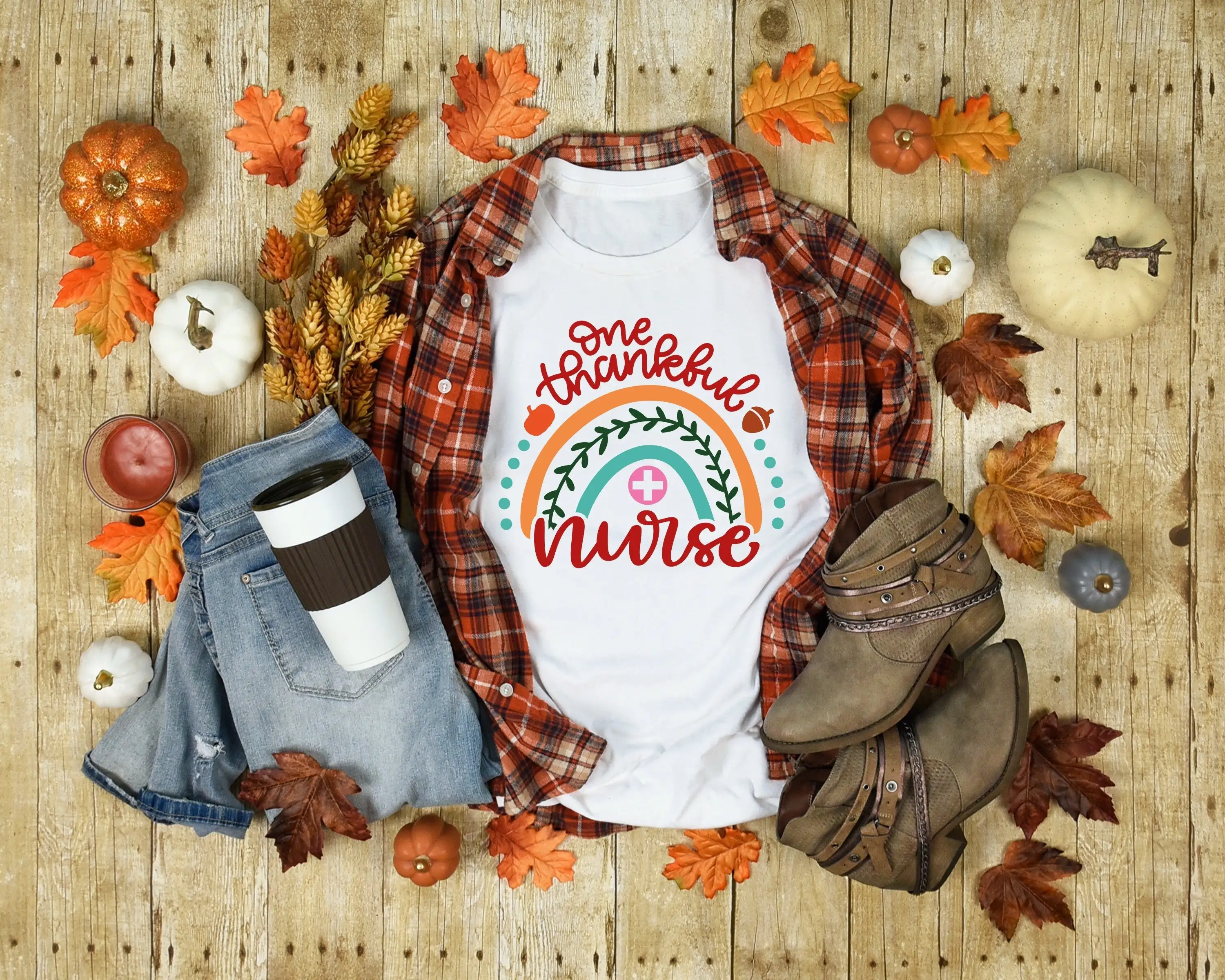 One Thankful Nurse T Shirt Thanksgiving Rainbow Blessed Happy