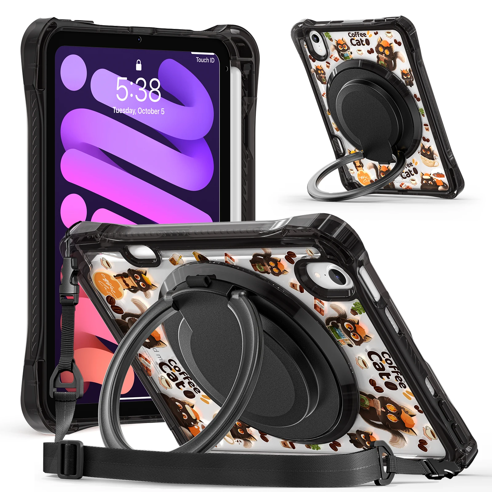 

PC+TPU 360 degree rotate Tablet Stand Cover for iPad Mini 6 7 A17Pro Cartoon Stand Cover with Shoulder Straps and pen slot