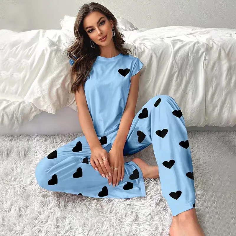 

European and American Milk Silk New Xiaofei Sleeves Women's Loungewear Printing Solid Color Thin Pajama Set Can Be Worn Outside