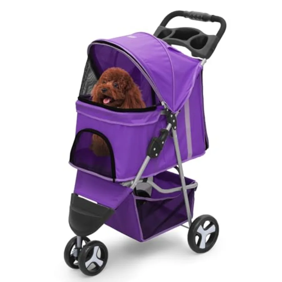 

Dog Stroller for Dogs and Cats, Foldable Pet Jogger Stroller with Cup Holders and Bottom Storage, Purple, Supports Pets up to 3
