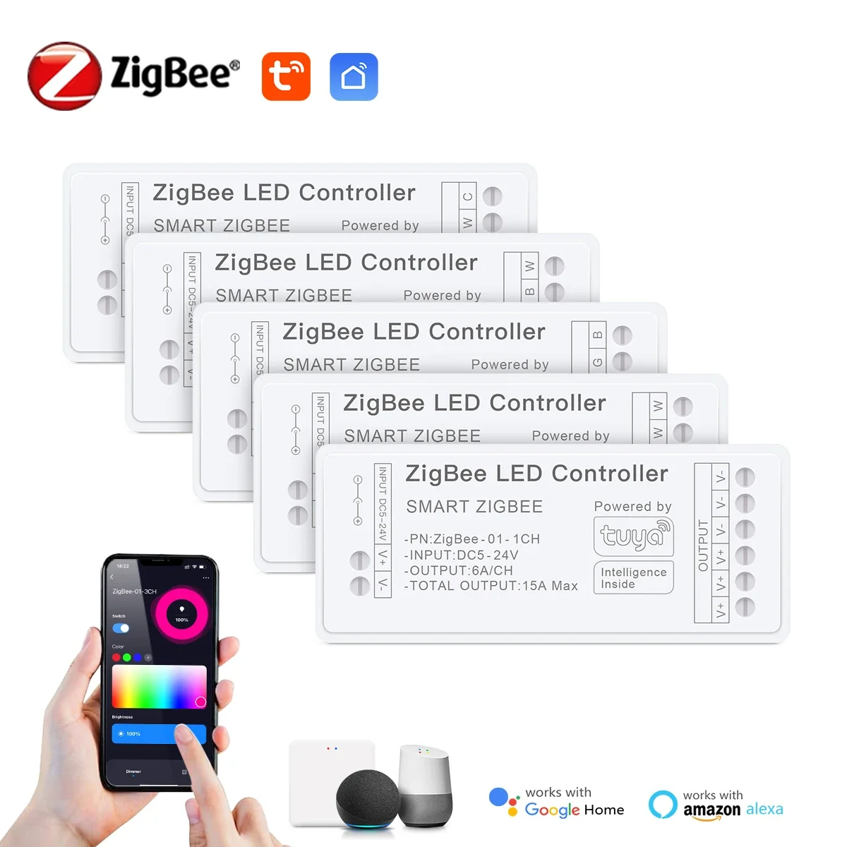 5-24V Zigbee 3.0 Dimmer CCT RGB RGBW RGBCCT LED-Streifenlicht-Controller Sprachsteuerung Kompatibel mit Tuya Bridge SmartThings Bridge