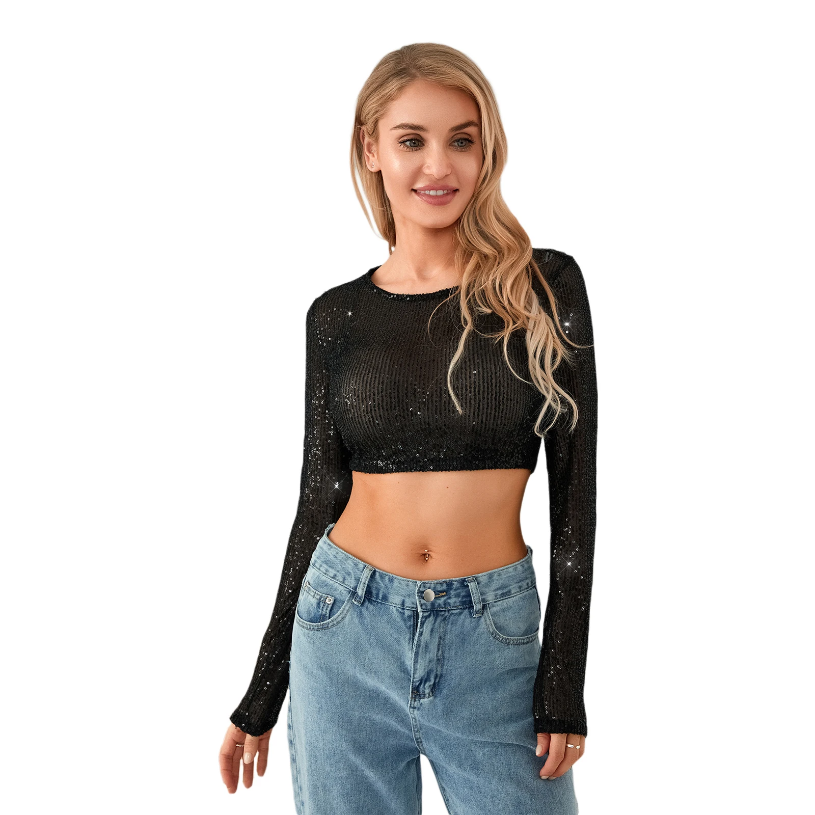 Women’s Full Sequin Cropped Tops Long Sleeve Round Neck Show Navel Glitter Sparkle Party Blouses