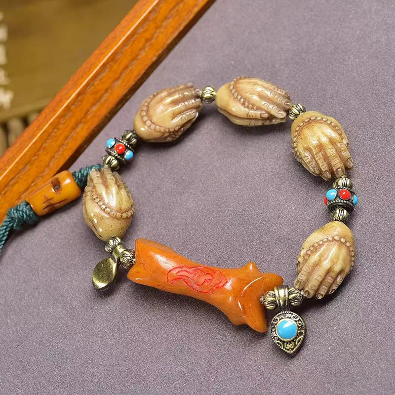 Tibetan-style vintage -carved Buddha bracelet, single-loop yak bone with copper clasps and spacer beads, decorative Buddhist