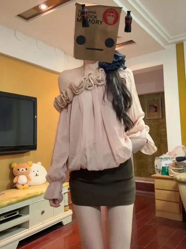 

Женская премиум-рубашка Gentle Wind с уникальным асимметричным плечом, свободного кроя, с длинным рукавом, маленького размера, весенняя мода