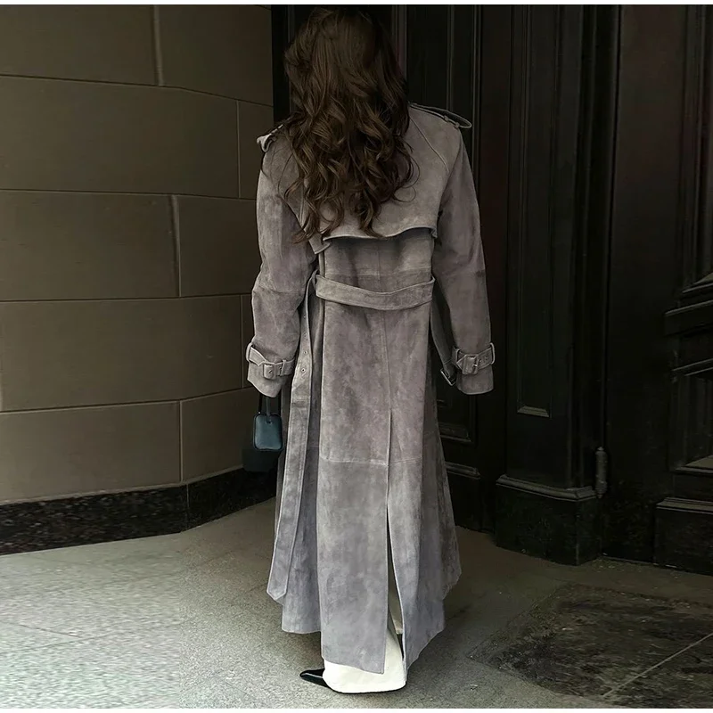 Otoño Invierno nuevas mujeres cinturón de gamuza sintética gabardina larga solapa doble pecho manga completa rompevientos señora abrigos de viaje